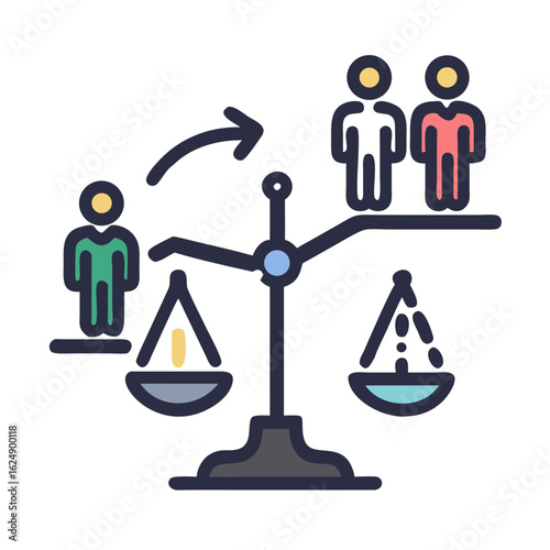 Set of vector infographic elements on the topic of gender equality:
scales of justice
stylized male/female silhouettes
equal pay graphics
Bright accent colors on a light background.