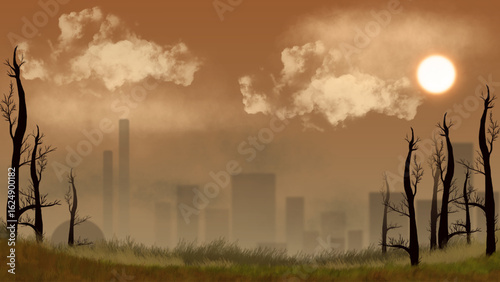 Polluted city skyline with dead trees and smoggy sky under burning sun