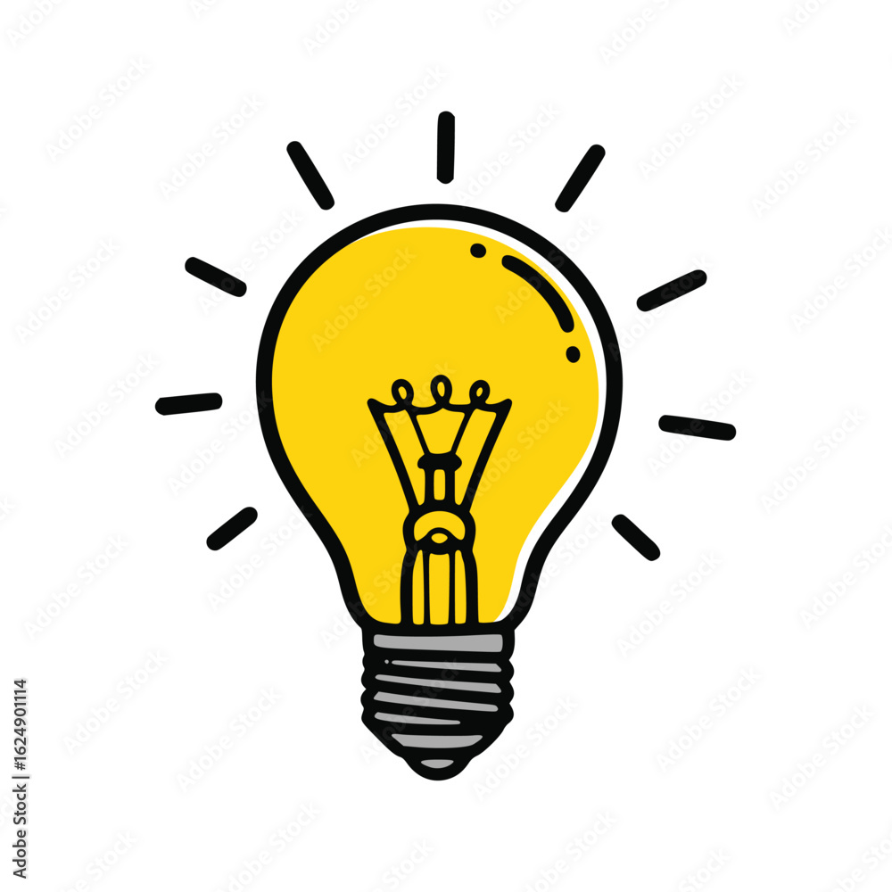 Fototapeta premium Bright yellow light bulb with radiating lines, representing an idea or inspiration.