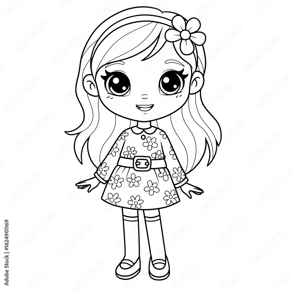 Fototapeta premium Adorable Coloring Book Illustration of a Little Girl in a Floral Dress