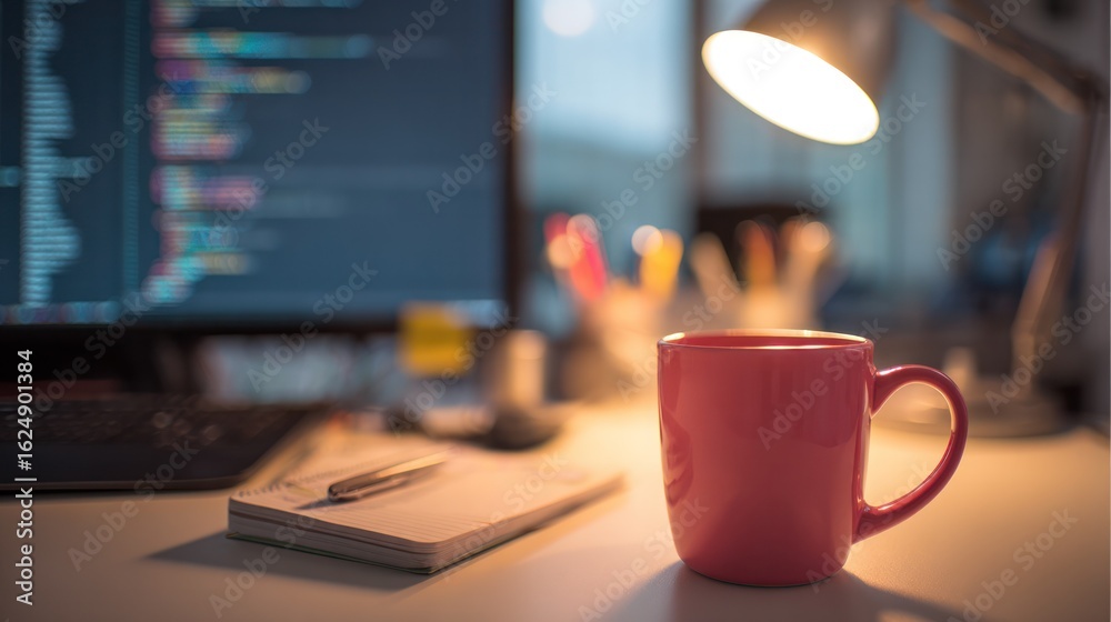 Fototapeta premium Workstation of a programmer with empty notebook and coffee mug under soft warm desk lighting