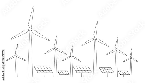Wind turbines and solar panels renewable energy generation vector