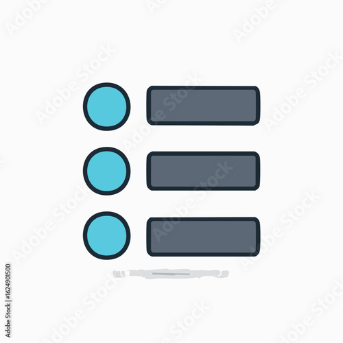 Conceptual list of three bullet points with blue circles and grey rectangles