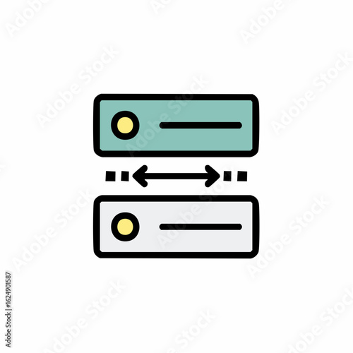 Data transfer between two network servers, a flat color icon for communication, hosting, and bandwidth