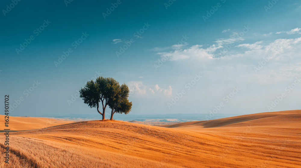 Fototapeta premium A green tree on a yellow wheat field