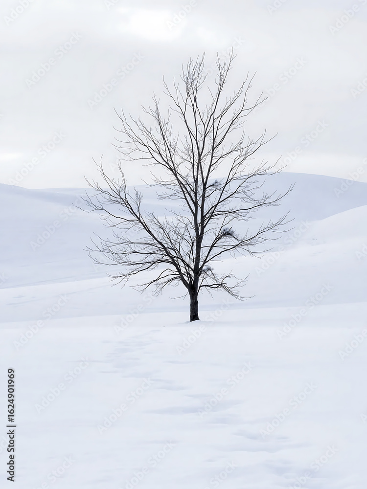 Fototapeta premium Lone Bare Tree in Snowy Winter Landscape with Footprints
