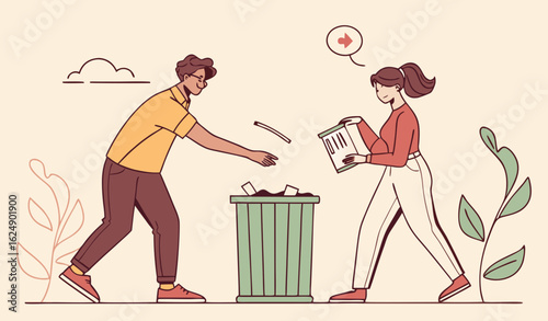 Man and woman quit smoking. Healthy lifestyle, people get rid of bad habits. Taking care of your health, harm from cigarettes. Guy and girl throw pack in garbage. Cartoon flat vector illustration
