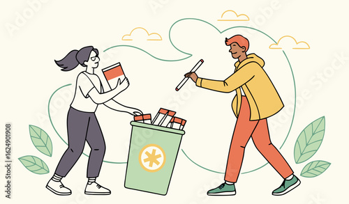 Man and woman quit smoking. Healthy lifestyle, people get rid of bad habits. Taking care of your health, harm from cigarettes. Guy and girl throw pack in garbage. Cartoon flat vector illustration

