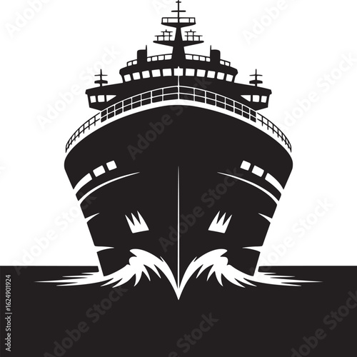 A bold black and white silhouette of a large ship sailing on the water with waves crashing around it