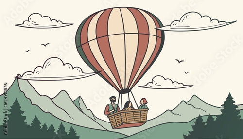 Hot air balloon flight. Banner with people soaring and flying in basket in sky among clouds and mountains. Tourists travel on aerial ballon and observe natural landscapes. Flat vector illustration