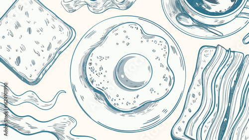 Illustration of a breakfast meal with toast, fried egg, bacon, and a cup of coffee in sketch style