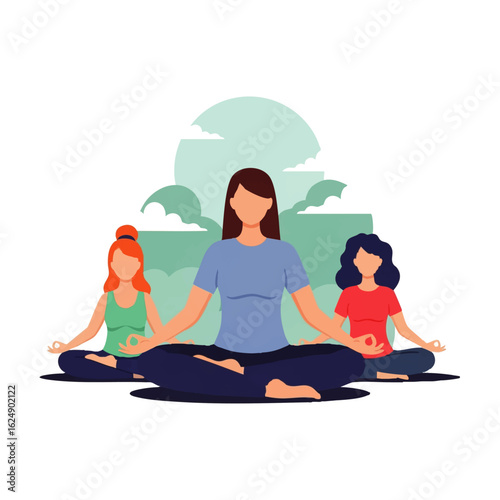 Three women practicing yoga in a peaceful outdoor setting.