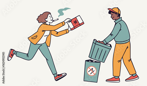 Man and woman quit smoking. Healthy lifestyle, people get rid of bad habits. Taking care of your health, harm from cigarettes. Guy and girl throw pack in garbage. Cartoon flat vector illustration

