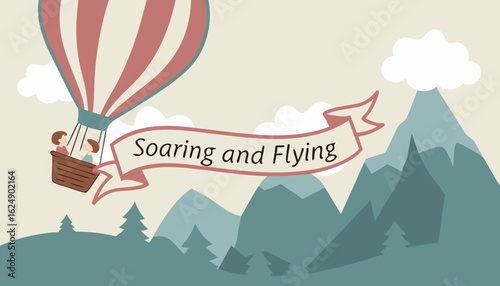 Hot air balloon flight. Banner with people soaring and flying in basket in sky among clouds and mountains. Tourists travel on aerial ballon and observe natural landscapes. Flat vector illustration