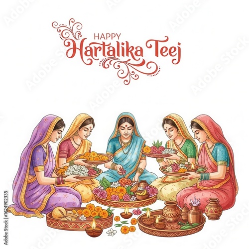 Hartalika Teej Festival with Goddess Parvati, Traditional Indian Women Celebrating Hartalika Teej Puja with Mehendi, Sweets, and Festive Decor