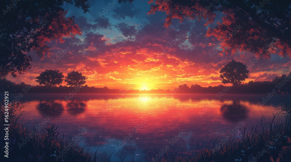 Obraz premium Vibrant sunset reflecting on calm lake with trees