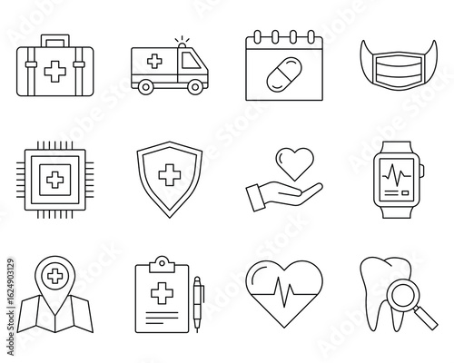 Healthcare medical line icons set with editable stroke for emergency, treatment, and health monitoring