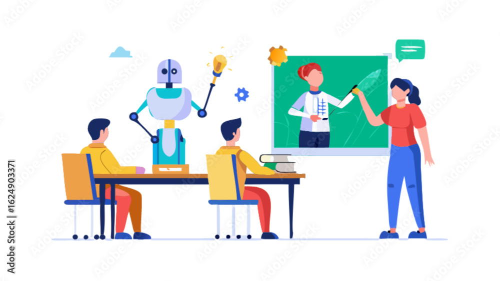 Obraz premium Robot assisted learning and education in classroom with teacher and students vector illustration