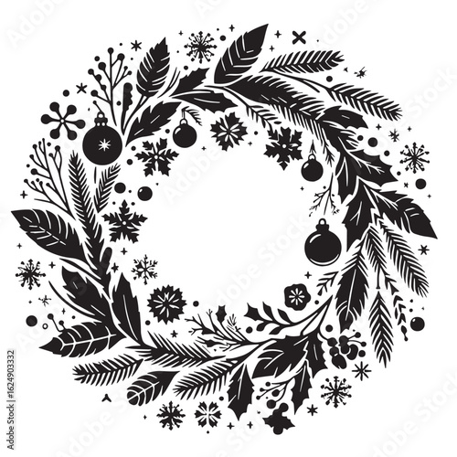 black Christmas wreath Silhouette Vector, High Quality Illustration on White Background