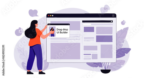 Woman adding profile picture to website, online profile update, user interface design.