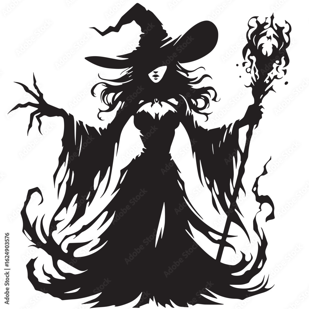 Obraz premium black Evil sorceress Silhouette Vector, High Quality Illustration on White Background
