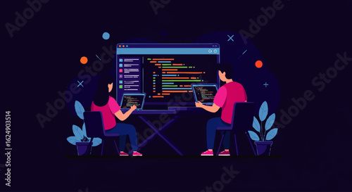 Two people coding together, working on laptops in front of a large monitor displaying code.