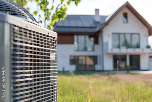 Air conditioning unit in foreground with modern house in background, showcasing energy-efficient design and green landscaping, highlighting contemporary architecture and outdoor living space