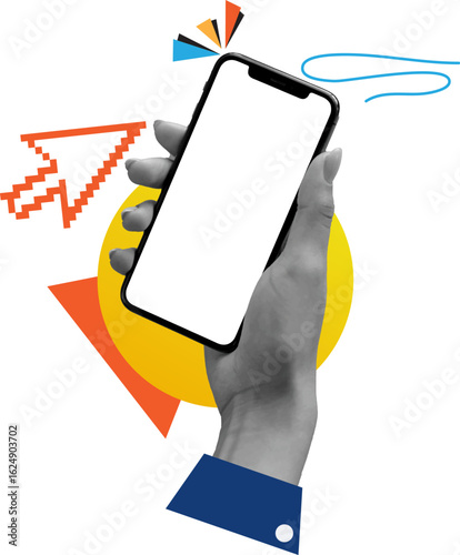 collage design Hand Holding Smartphone with Blank Screen, Trendy collage Design. A hand holds a smartphone with a blank white screen, set against a bold, colorful, and stylized graphic background.