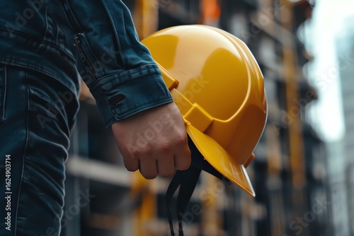 Construction worker holding a yellow hard hat in a building site, surrounded by scaffolding and construction equipment, construction industry, Day of builder