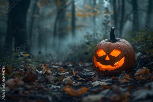 Glowing jack-o'-lantern in a forest on Halloween surrounded by fallen leaves, illuminated by soft light, creating a spooky atmosphere in an autumn setting