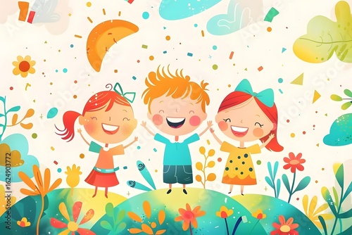 Colorful illustration of three joyful children playing outdoors, surrounded by vibrant flowers and playful elements, capturing the essence of childhood happiness and friendship
