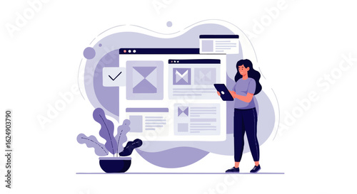 Woman reviewing online content and managing tasks on a digital dashboard.