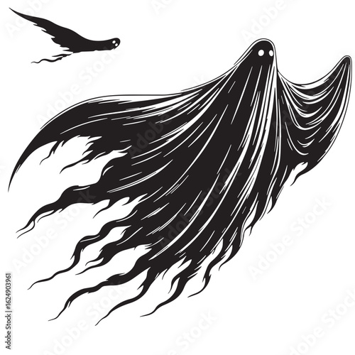 black Flying sheet ghost Silhouette Vector, High Quality Illustration on White Background