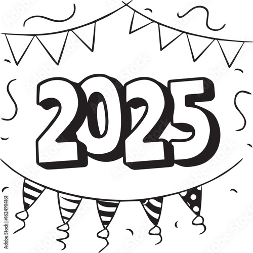 Happy New Year 2025 - Hand-Drawn Celebration Graphic with Confetti and Banners