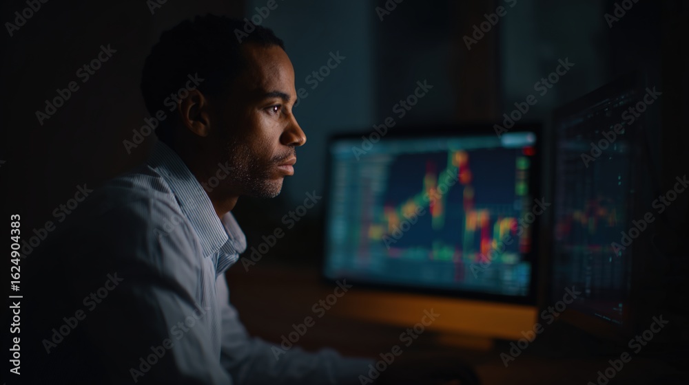 Analyzing the Financial Landscape: A focused individual, bathed in the soft glow of computer monitors, studies intricate financial charts. Analyzing the Financial Landscape: A focused individual, bathed in the soft glow of computer monitors, studies intricate financial charts.