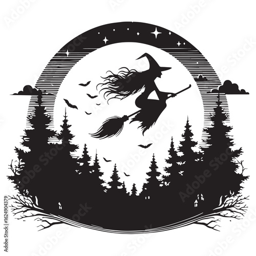 black Flying witch in forest Silhouette Vector, High Quality Illustration on White Background