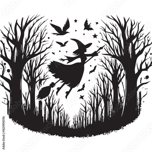 black Flying witch in forest Silhouette Vector, High Quality Illustration on White Background