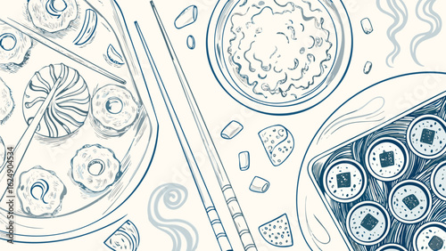 Overhead view of sushi rolls and rice bowl with chopsticks on a light background illustration style