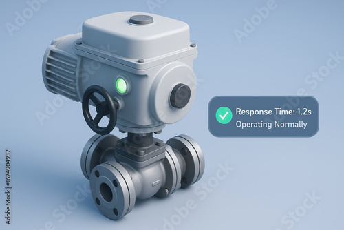 Electric valve actuator with handwheel and status indicator showing normal operation and response time of 1.2 seconds, industrial automation device in clean environment