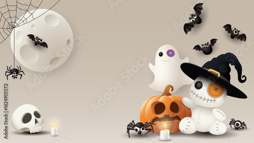 3D cute Halloween elements with light brown background graphic illustration have blank space.