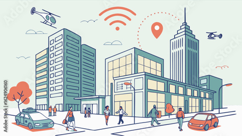 Cityscape illustration with buildings, people, cars, helicopters and wifi connection for urban design 3d