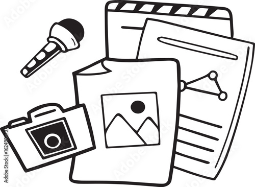 Multimedia and Content Creation Hand-Drawn Icons - Microphone, Camera, and Clapperboard