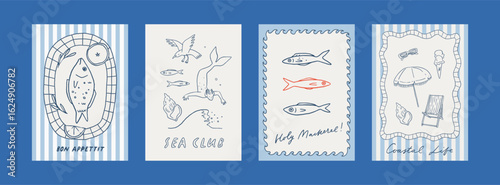 Set of Mediterranean summer whimsical print stamps. Coquette coastal hand drawn vector poster collection. Nautical decorative fun Italian retro cards. Perfect for summer sea vacation