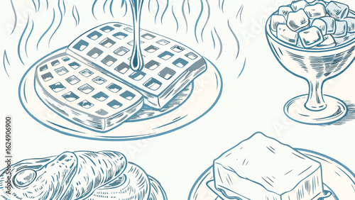 Illustration of waffles with syrup, pastries, butter and a bowl of ice cubes on a white background