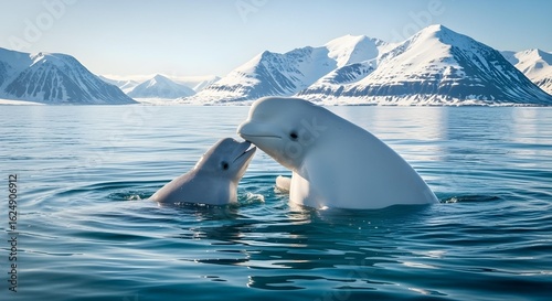 A beluga mother and calf playing in Arctic waters at midday, snow-covered mountains behind.