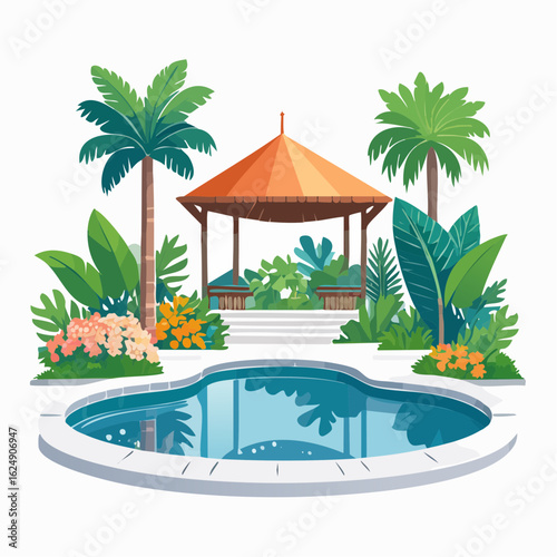 A vibrant illustration of a tropical resort scene featuring a sparkling swimming pool, lush green foliage, palm trees, and a charming gazebo with seating areas.