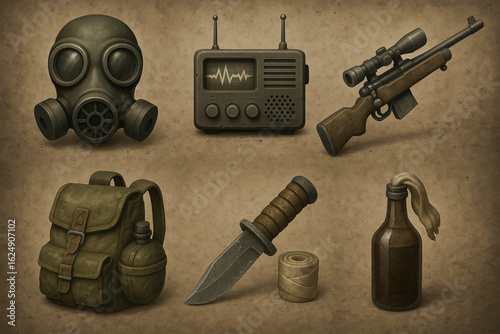 3D Apocalyptic Survival Icons Set – Gas Mask, Radio & Post-Collapse Essentials