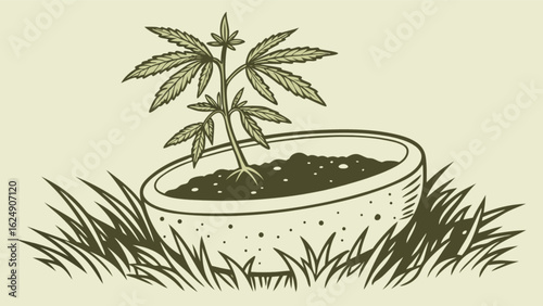Illustration of cannabis plant growing in pot for medical marijuana and hemp product designs and decoration