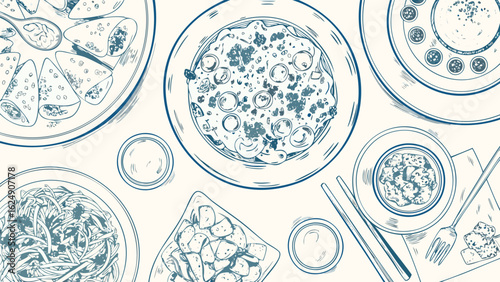 Overhead view of various asian dishes including spring rolls noodles and dumpling in a line art style