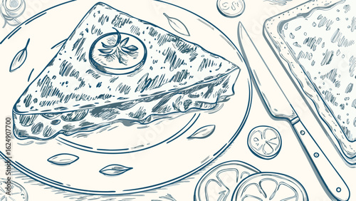 Illustration of a sandwich on a plate with a knife and lemon slices on a table surface view